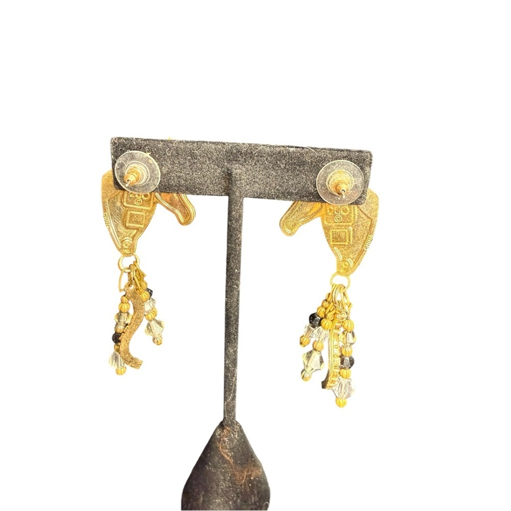 Vintage Lunch at the Ritz Zebra Head Earrings Gold Enamel Beaded Dangle Animal - Picture 5 of 6